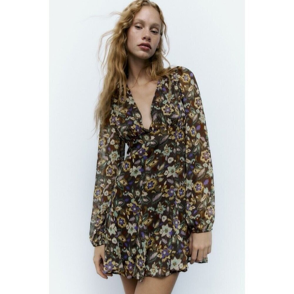 Zara Floral V-Neck Brown Small Boho Women’s Short Dress Festival Hippie Capsule
